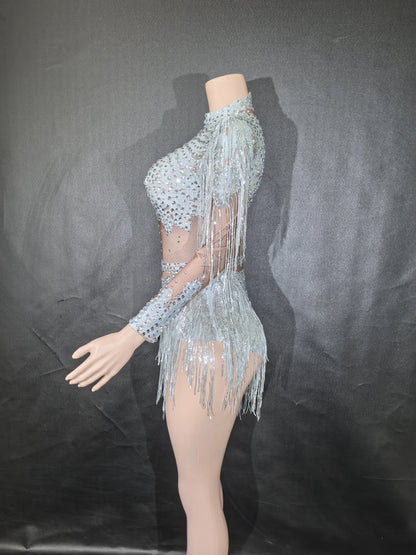 Rhinestones Women DanceCostume Fringes One Shoulder Bodysuit  Sexy Skinny Leotard Singer Dancer Show StageWear Sparkly Blue