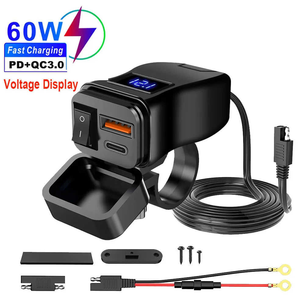 6.8A PD+QC3.0 Motorcycle Phone Charger Handlebar Dual USB Socket 60W Waterproof 12V Power Supply Adapter with Switch Voltmeter