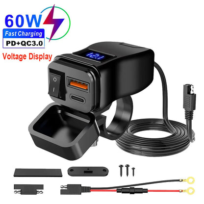 6.8A PD+QC3.0 Motorcycle Phone Charger Handlebar Dual USB Socket 60W Waterproof 12V Power Supply Adapter with Switch Voltmeter