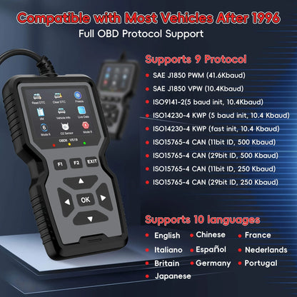 Professional Obd2 Diagnostic Tool Heavy Duty Vehicle Repair Tool - Code Reader/Resetter, Supports Real-Time Data Stream, No Battery Required, Compatible with Vehicles 1996 and up (Obdii/Eobd, Mode 6/8), Suitable for Mechanics