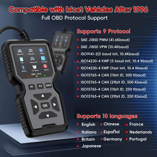 Professional Obd2 Diagnostic Tool Heavy Duty Vehicle Repair Tool - Code Reader/Resetter, Supports Real-Time Data Stream, No Battery Required, Compatible with Vehicles 1996 and up (Obdii/Eobd, Mode 6/8), Suitable for Mechanics