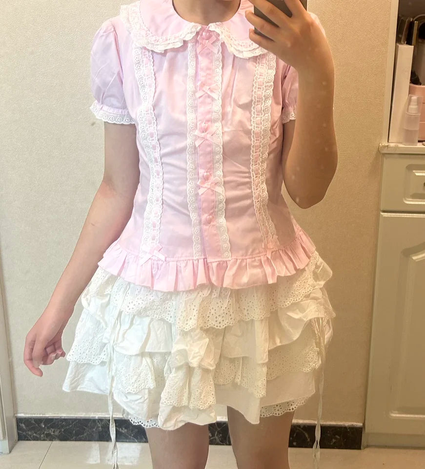 Summer Japanese Lolita Sweet Girls Short-sleeved Tops Women Goth Lace Bow Shirt Single-breasted Blouse Doll Collar Slim Tees New