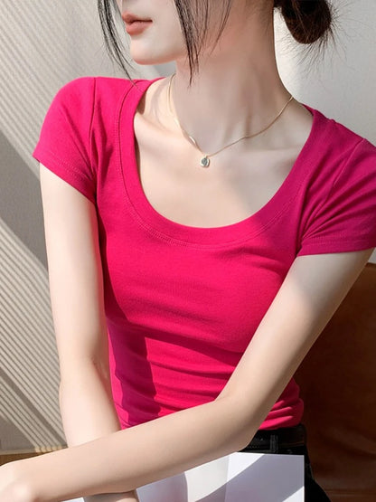 Cotton short sleeved women's T-shirt for summer, slim fit and slimming, versatile waist design, front shoulder, U-neck