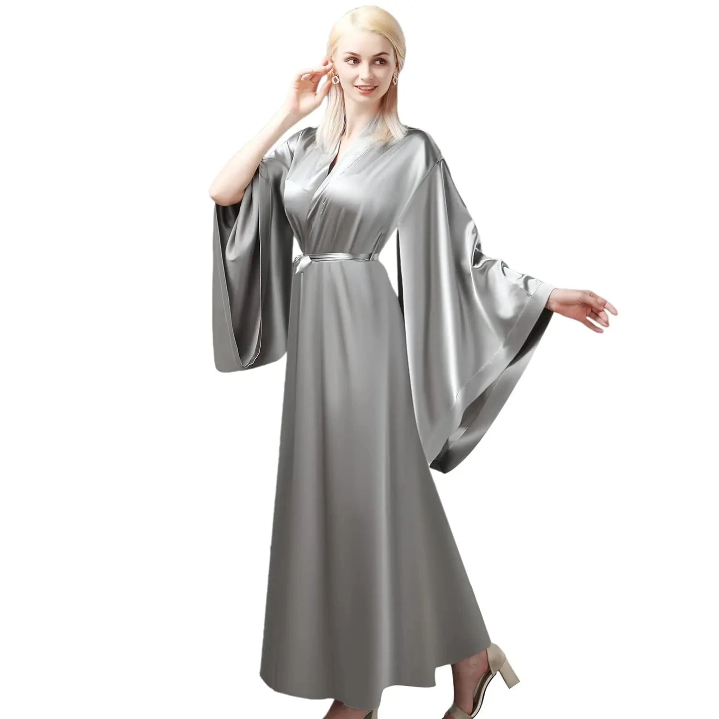 Modern Silk Nightdress Women Bridal Belt Night Dresses Sexy Gloss Wide Sleeve Sleepwear Nightwear Sand Boudoir Dress Plus Size