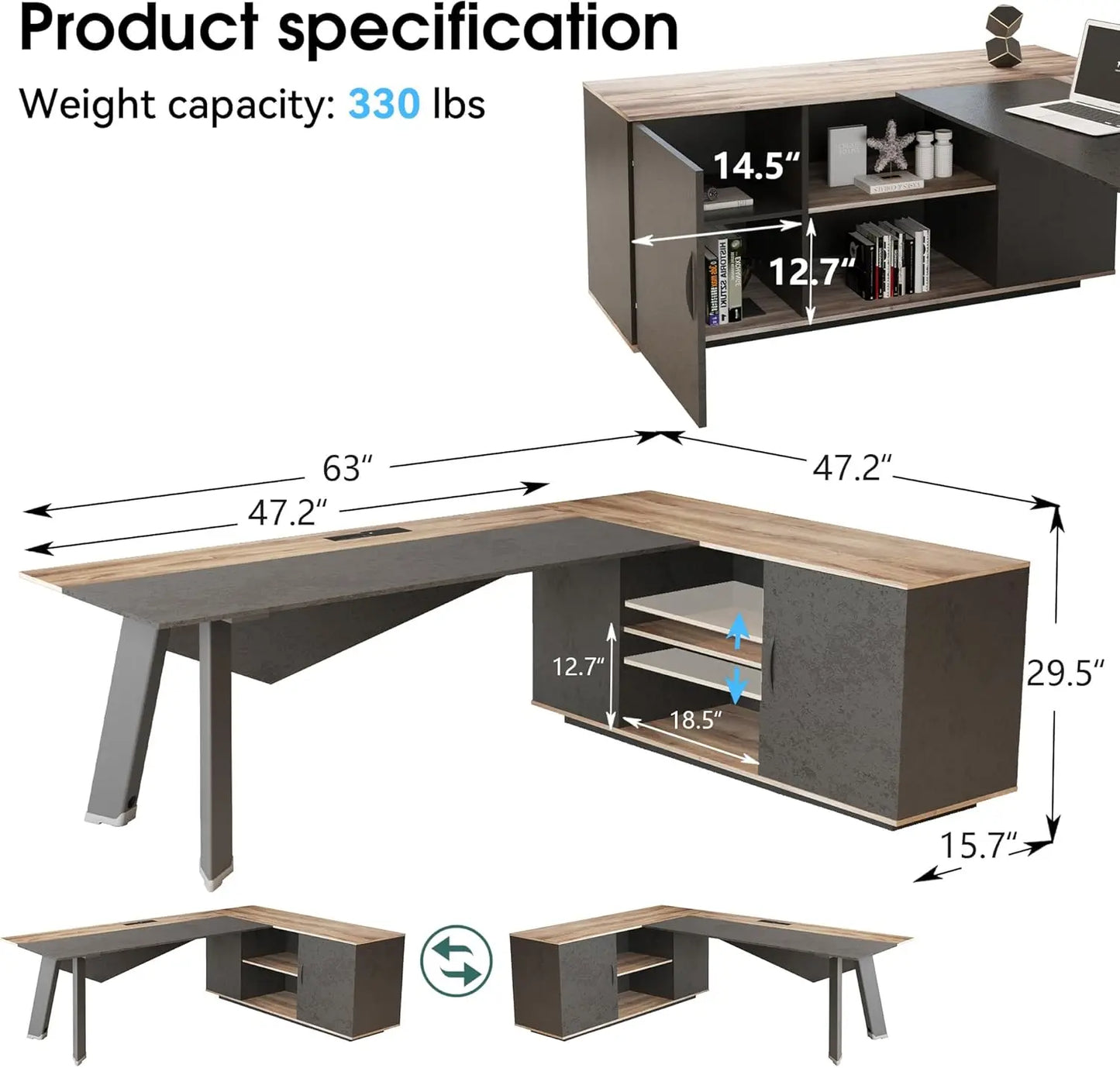 63in L-Shaped Executive Desk with 47" lateral File Cabinet/Storage Shelves Business Writing Table Computer Desk for Home Office
