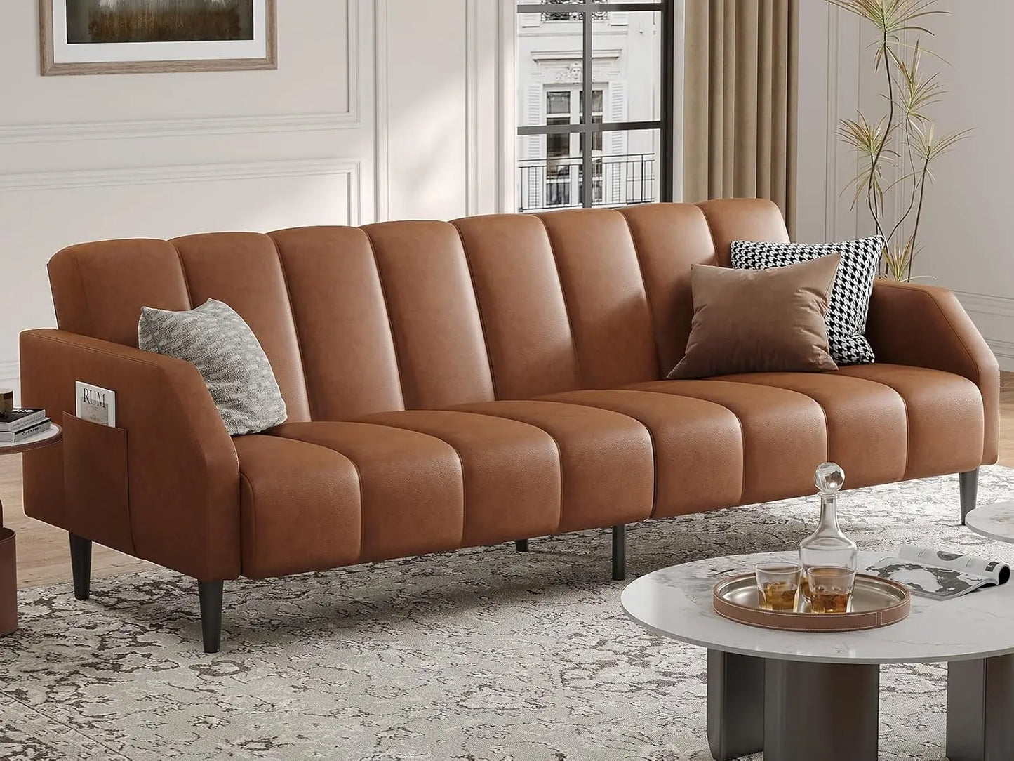 Faux Leather Couch, Convertible Futon Sofa Bed with Adjustable Backrest, Mid Century Leather Sofa Loveseat , Customized