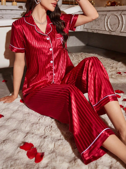 Soft Comfortable Women's Satin Silk Striped Pajama Set Short Sleeve Long Pants Lounge Sleepwear Homewear Pjs