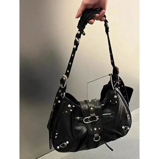 SHELKSBAG Motorcycle Cool Girl Vintage Leather Shoulder Message Bag Large Capacity Crossbody New Women's Bags Grunge Y2K