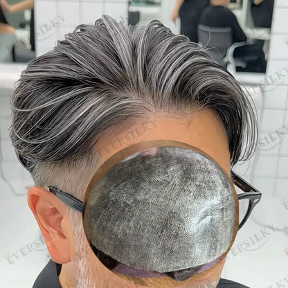 Natural Hairline 1B65 Grey Old Man 100% Human Hair Wigs System Prosthesis Super Durable 0.1mm Strong PU Base Men Silicon Toupee