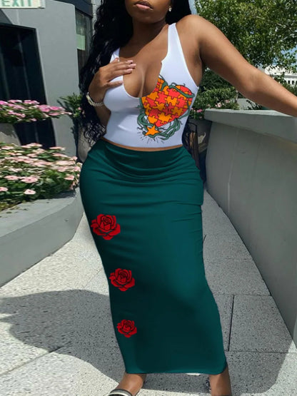 Summer Street Style Streetwear Tank Top And Long Skirt Set Women's Sleeveless Casual Outfit 50%-70% Spandex Comfortable Fit