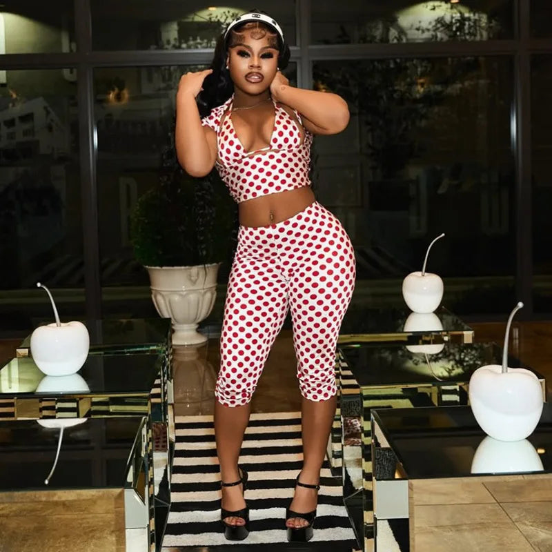 FAGADOER Sexy Woman 3 Piece Set Outfit Polka Dot Print Patchwork Short Sleeve Crop Top and Pants Matching Female Streetwear New
