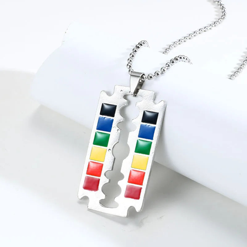 Stainless Steel LGBT Gay Lesbian Love Pride Necklaces Enamel Rainbow Flag Double Pendant Necklace