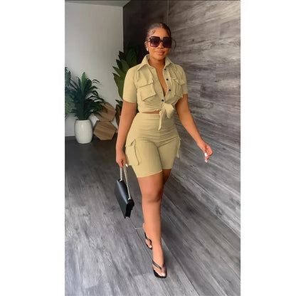 Streetwear Two Piece Set for Women Summer Outfits Pockets Short Sleeve Button-Up Shirt Top Short Sets Party Club Matching Sets