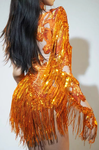 Rhinestones Women DanceCostume Fringes One Shoulder Bodysuit  Sexy Skinny Leotard Singer Dancer Show StageWear Sparkly Blue