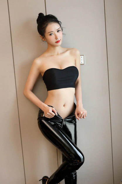 Women PU Leather Skinny Slim Trouser Gothic Punk Leggings Fishnet Trim Lace Pant Faux PU Leather Pencil Pants Club Clothing