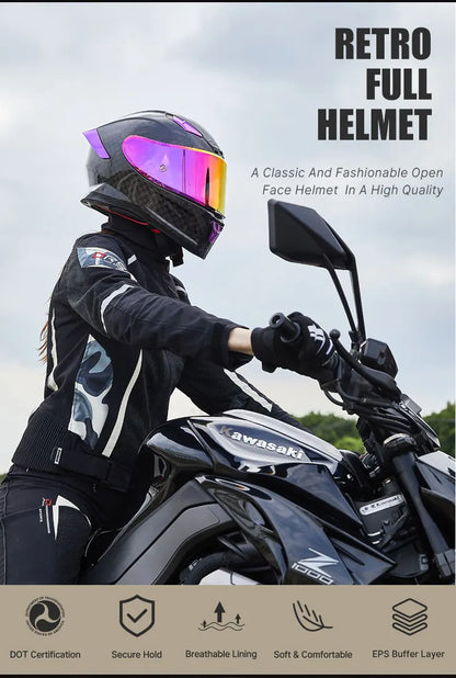 All-New Carbon Hybrid Retro High Quality Full Face Motorcycle Helmet Anti-Fog Visor Stabile Zero Glare Reduce Pressure Points