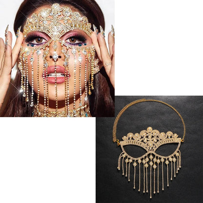 Charms Sexy Rhinestone Tassel Masquerade Face Jewelry For Women Facial Accessories Banquet Party Mask Full Face Chain Decoration