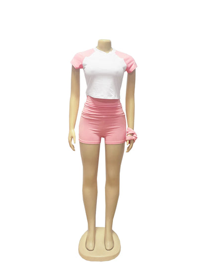 Leosoxs Sporty Patchwork 3 Piece Set Women Casual Summer Headband+Crop Top+High Waist Bike Shorts Street Matching Tracksuit