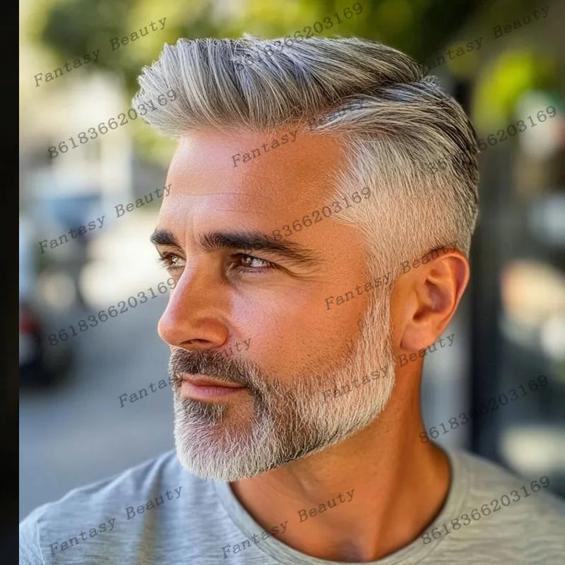 Grey Man Human Hair Wigs Replacement Natural Hairline Full Injection PU Base Prosthesis Capillary 1B40 1B80 Old Man Hairpieces