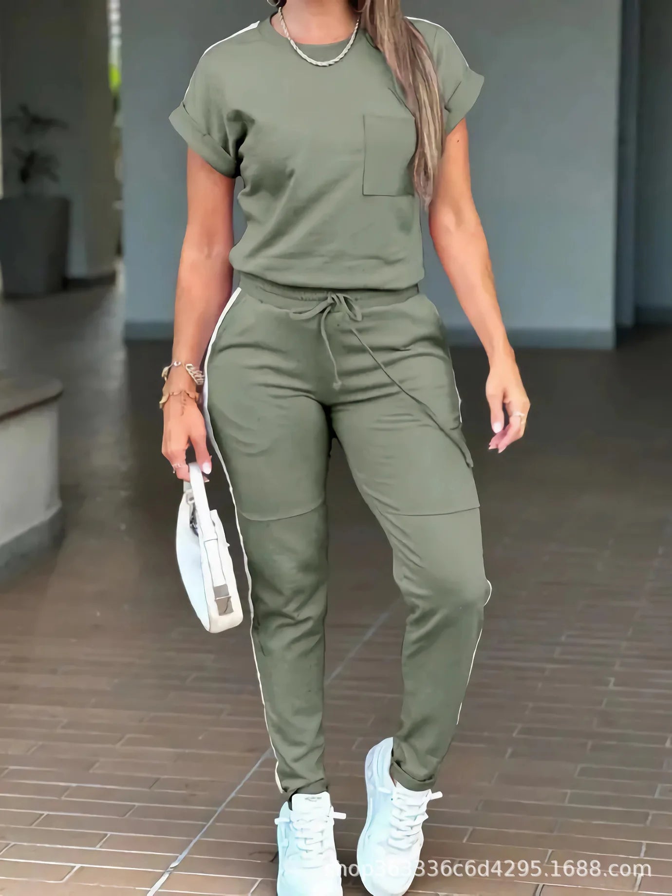 2026 New Spring Summer Fashion Sports Suit Women's Round Neck Short Sleeve Pocket Solid Color Top Sports Trousers Two-piece Suit