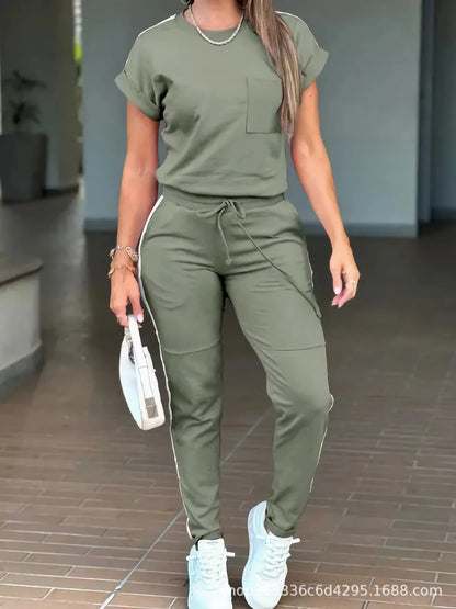 2026 New Spring Summer Fashion Sports Suit Women's Round Neck Short Sleeve Pocket Solid Color Top Sports Trousers Two-piece Suit