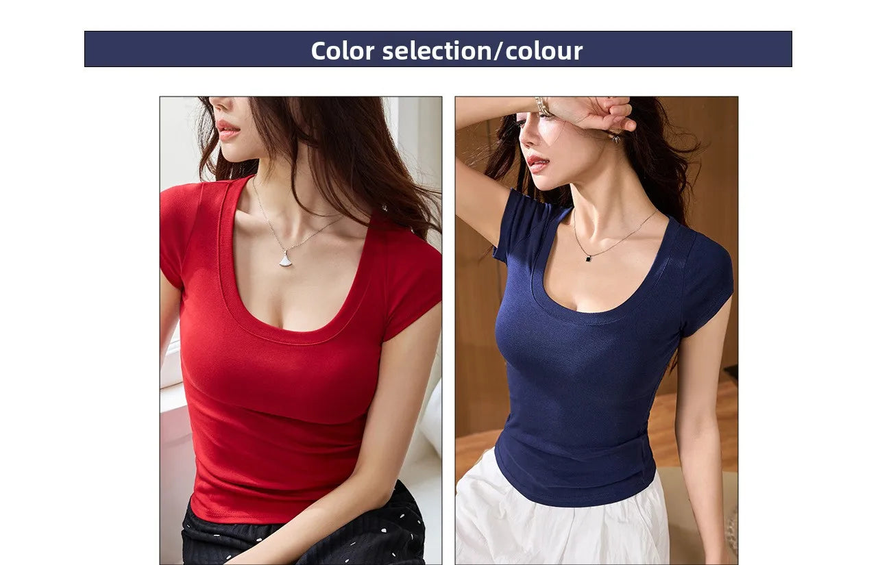 Cotton short sleeved women's T-shirt for summer, slim fit and slimming, versatile waist design, front shoulder, U-neck