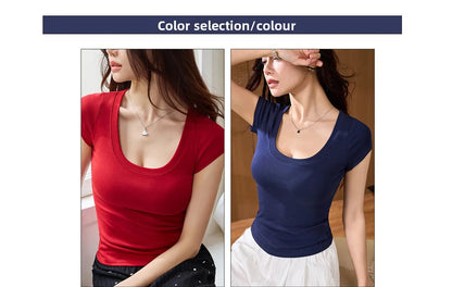 Cotton short sleeved women's T-shirt for summer, slim fit and slimming, versatile waist design, front shoulder, U-neck