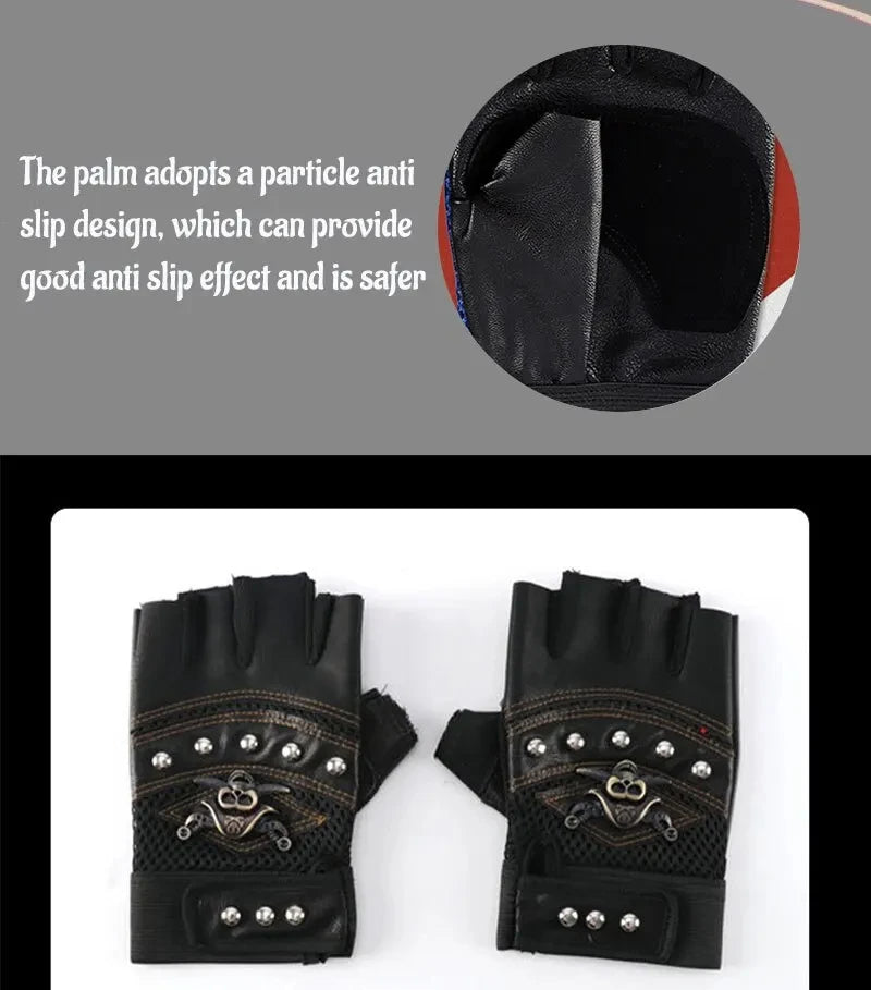 Pirate Captain PU Leather Fingerless Gloves Men Women Skulls Rivet Mitts Hip Hop Gym Gloves Female Moto Half Finger Gloves