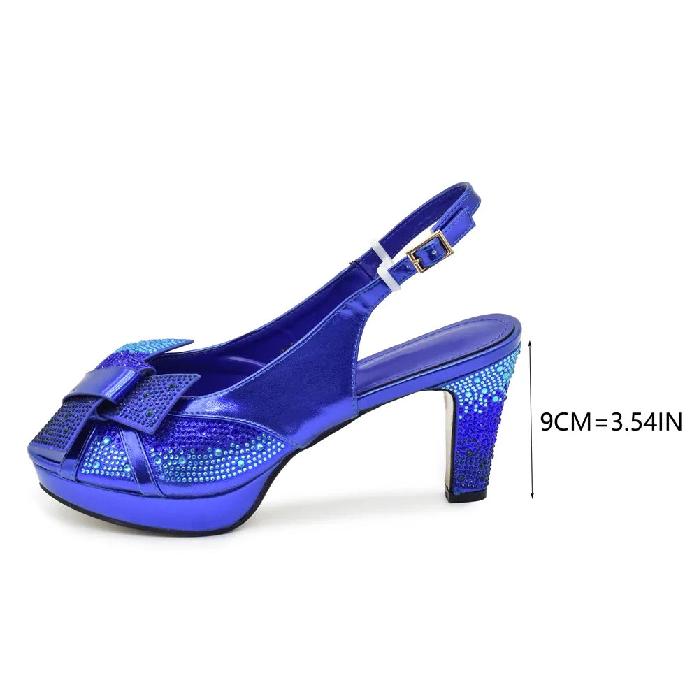New Design Blue Color Matching Bag and Shoes for Ladies Wedding Luxury Rhinestone Elegant Woman Heeled Shoes for Wedding