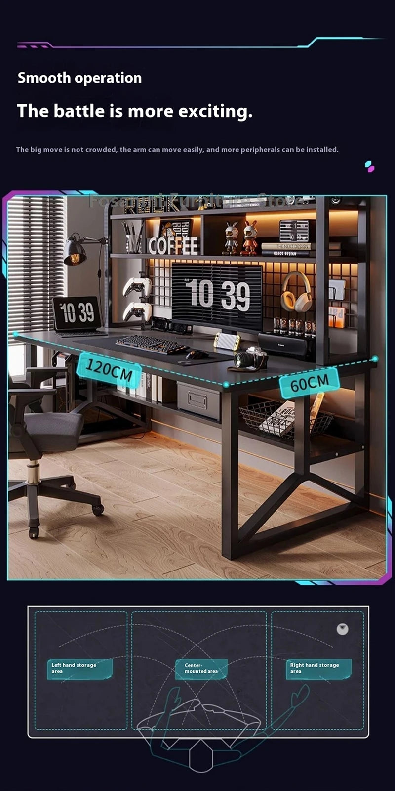 Black Wide Students Study Desk Modern Office Sturdy PC Desk with Shelf Y-Shaped Metal Frame Gaming Computer Table for Home Gamer