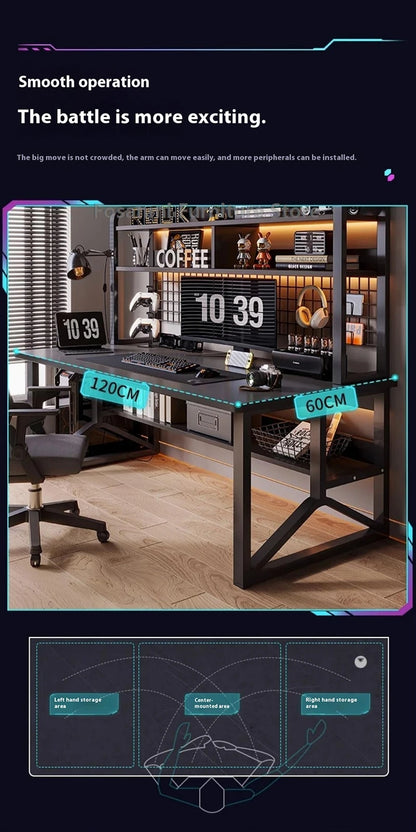 Black Wide Students Study Desk Modern Office Sturdy PC Desk with Shelf Y-Shaped Metal Frame Gaming Computer Table for Home Gamer