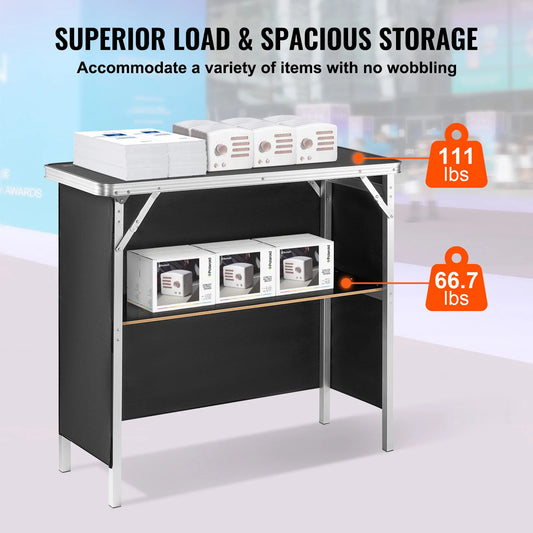 SucceBuy Folding Portable Bar Table Tradeshow Podium Table for Party Picnic Exhibition Include Carrying Case Storage Shelf Skirt