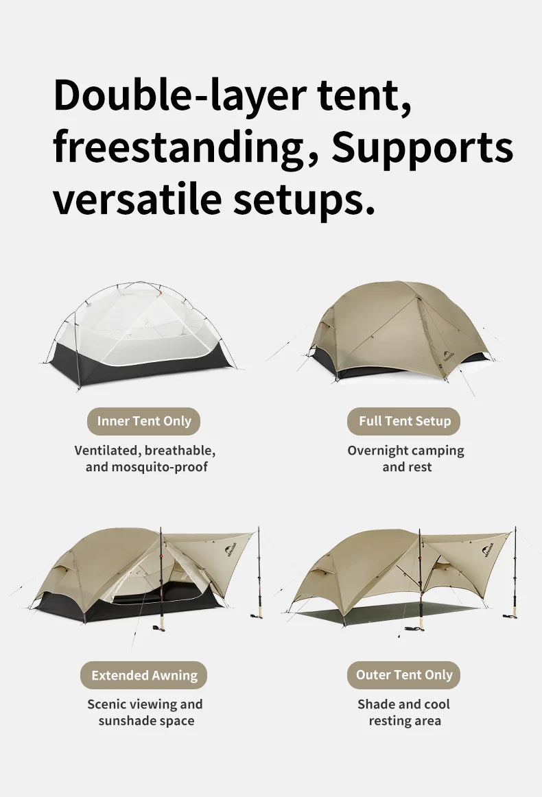 Naturehike Mongar 2 UL/PRO 1-2 Person Backpacking Tent Nylon Waterproof Ultralight Travel Trekking Shelter Tent with Footprint