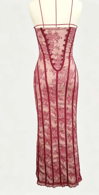 Elegant Women's Strapless Lace Long Dress Sexy Corset Maxi Dresses Summer Evening Party Cocktail Prom Wedding Guest Red Black