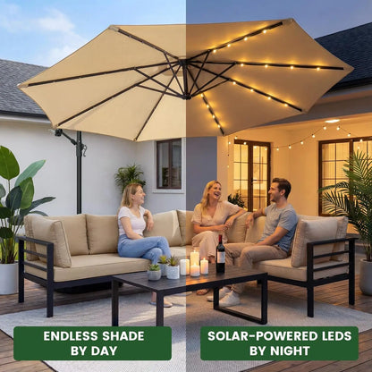 10ft Solar LED Patio Umbrella with Base, 32 LED Lighted Outdoor Offset Cantilever Umbrella with Sturdy 8 Rids, Customized