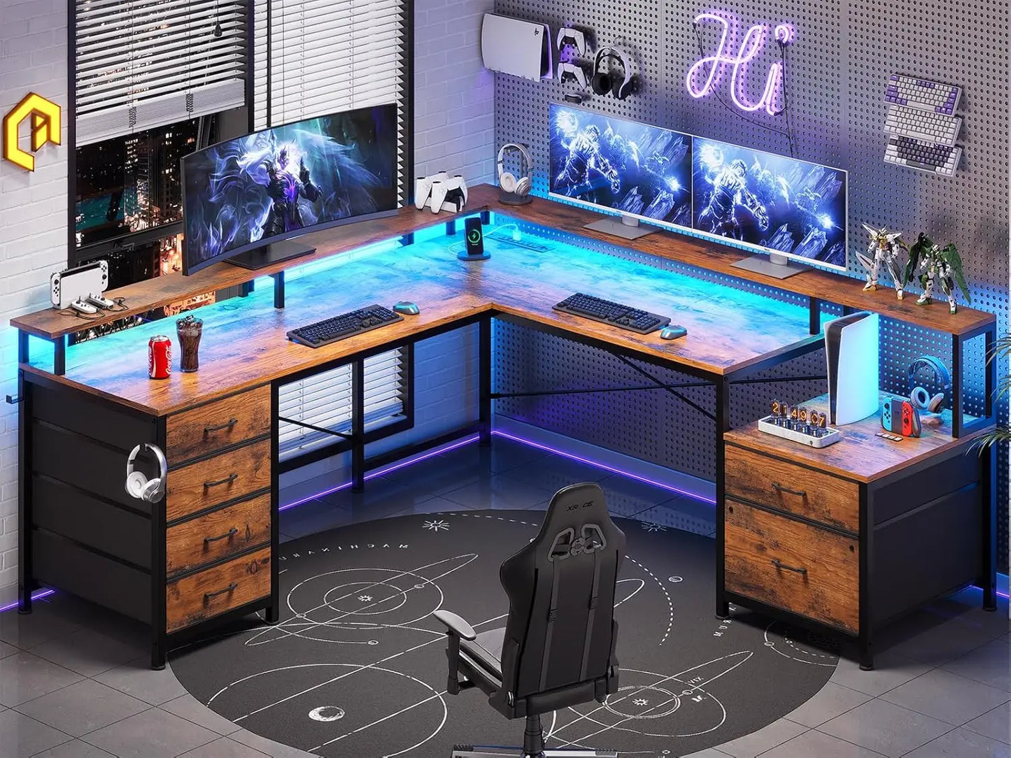 108" L-Shaped Corner Desk with 6 Drawers, Power Outlet & LED Lights - Home Office Gaming Desk in Rustic Brown