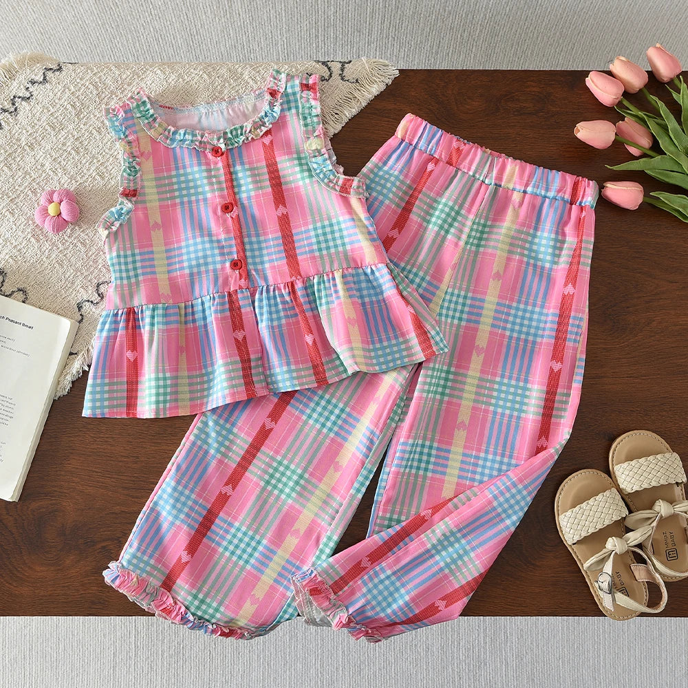 Bear Leader Korean Version Kids Clothes Girls Blue Imitation Denim Suit Summer New Sleeveless Top+Wide Leg Pants Two-piece Set
