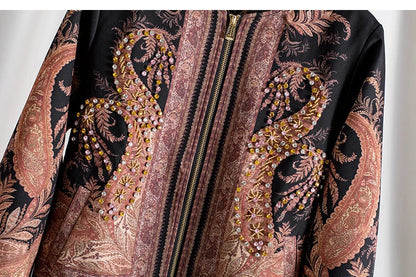 Luxury Rhinestone Stand Collar Bomber Jacket for Women, Vintage European Style Loose Fit Zip up Long Sleeve Spring Autumn Coat