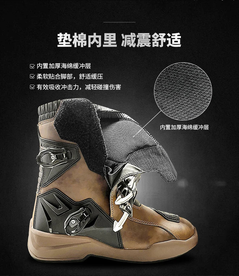 Retro Motorcycle Boots Cowhide Waterproof Mid-Calf Long riding Boots Men Women Riding Motocross Bota Motorbike Motocross Shoes