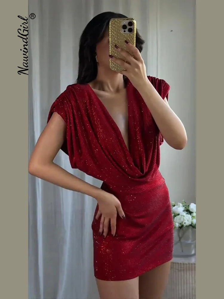 Sexy Sequined Short Dress Women V Neck Pleated Waist-cinched Empire Hip Package Dresses 2026 Spring Chic Party Evening Robe Lady