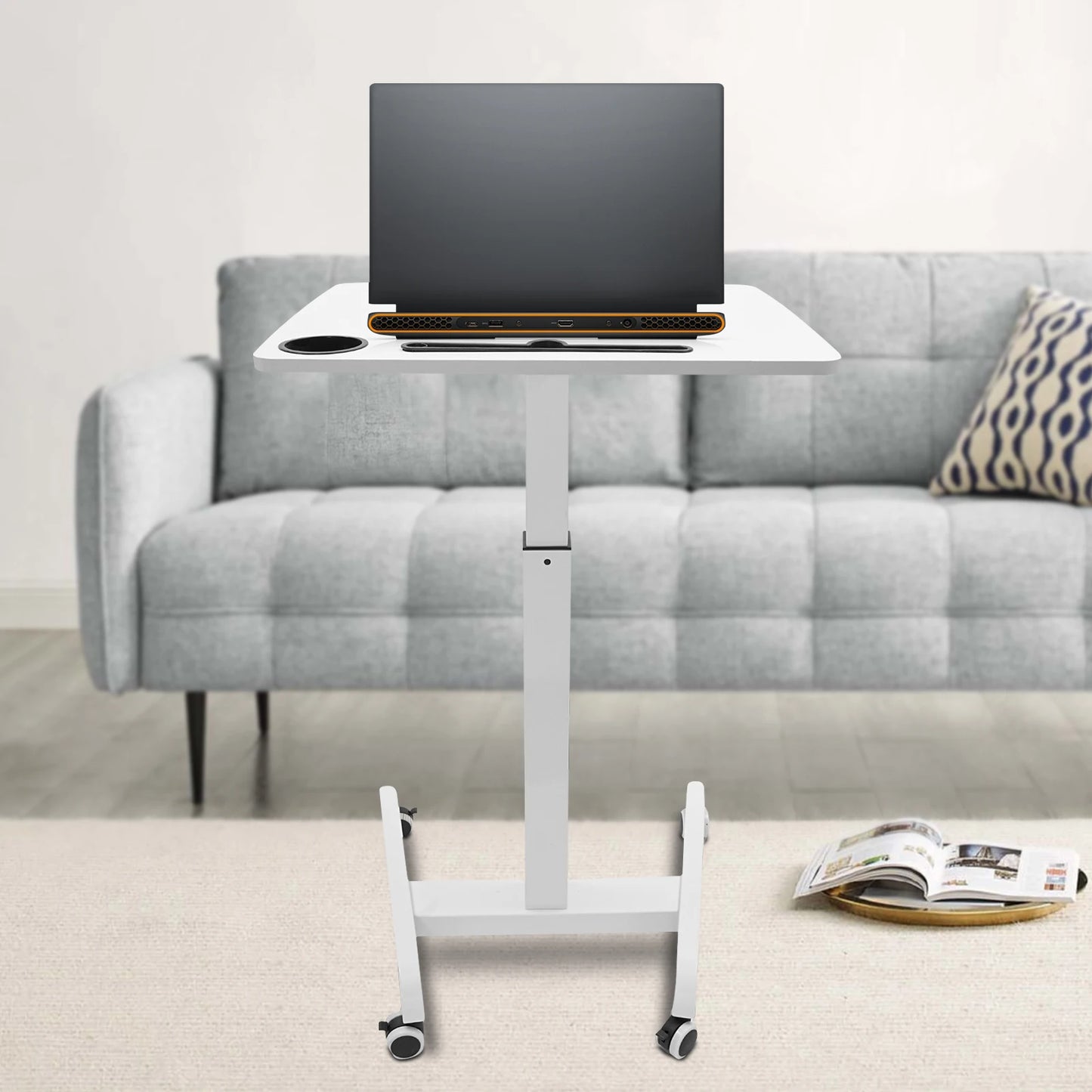 20.5*23.6*44.2in Standing Foot Pedal Lifting Table, Mobile Standing Table, Portable Podium with Wheels - White
