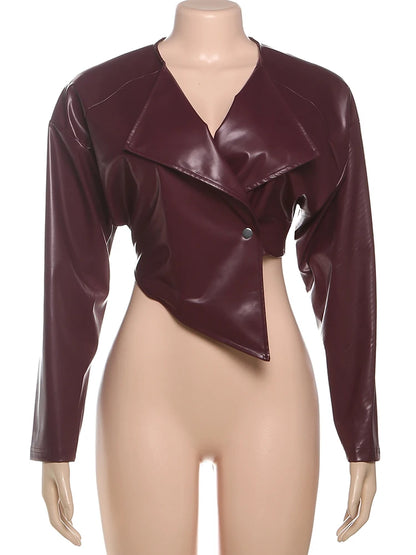 Weird Puss Faux Leather Crop Jacket Women Cross Neck Hipster Single Button Irregular Fall Trend Wild Basic Sexy Streetwear Coat