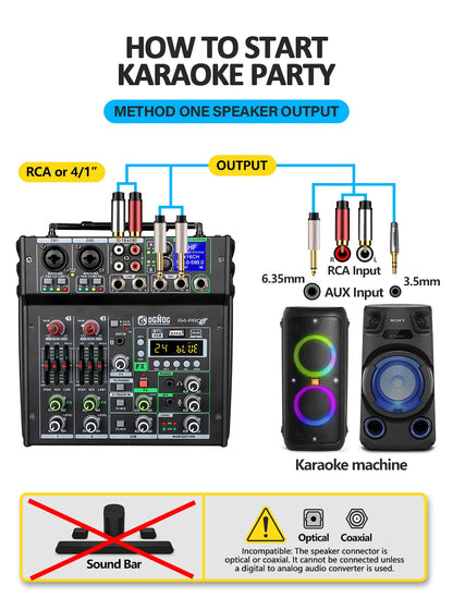 DGNOG Dual UHF Wireless Microphone DJ Audio Mixer 4 Channel Mixer Karaoke Mixer USB Bluetooth for Computer Recording Studio