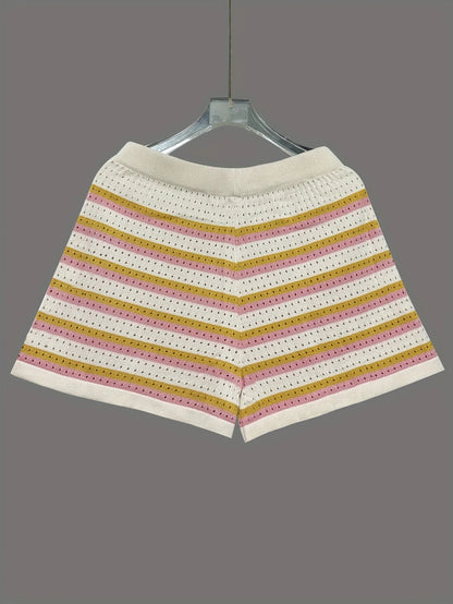 2026 Spring Summer Casual Beach Woolen Suit Fashionable Color-blocked Short-sleeved Striped Top And Loose Shorts Two-piece Set
