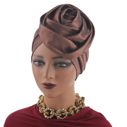 Raw Silk Big Rose Flower African Turban Caps for Women Headwear Head Wraps Nigerian Wedding Geles Party Headgear Bonnet