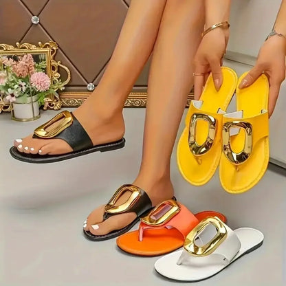 2025 Summer New Women Slippers Fashion Luxury Slippers Fashion Outdoor Flat Shoes Women Beach Metal Sandals Female Slides Women
