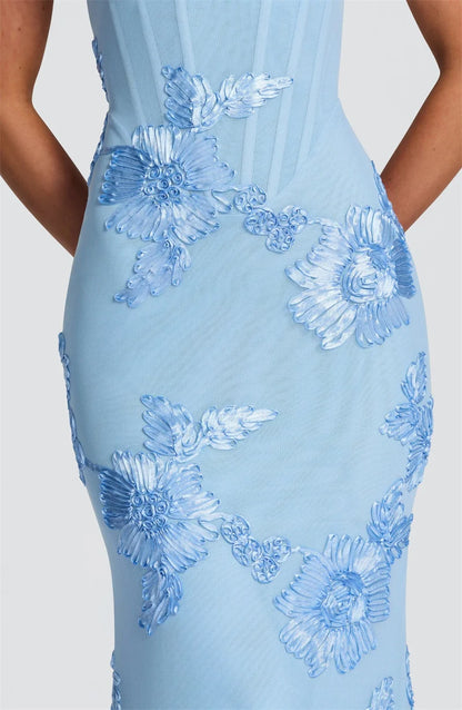 Mozision Spaghetti Strap Backless Sexy Maxi Dress Women Gown Floral Ribbon Applique Sleeveless Bodycon Evening Club Party Dress
