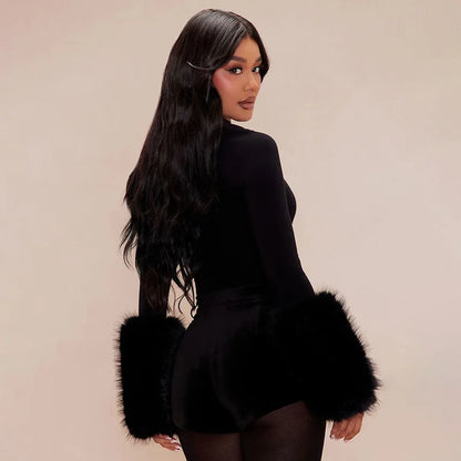 FAGADOER Winter New Sexy Fur Patchwork 2 Pieces Set for Woman Outfits Long Sleeves Bodycon Playsuits + Shorts Female Streetwear