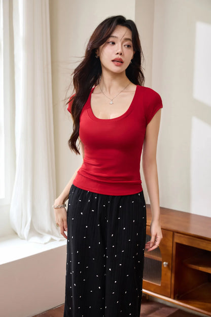 Cotton short sleeved women's T-shirt for summer, slim fit and slimming, versatile waist design, front shoulder, U-neck