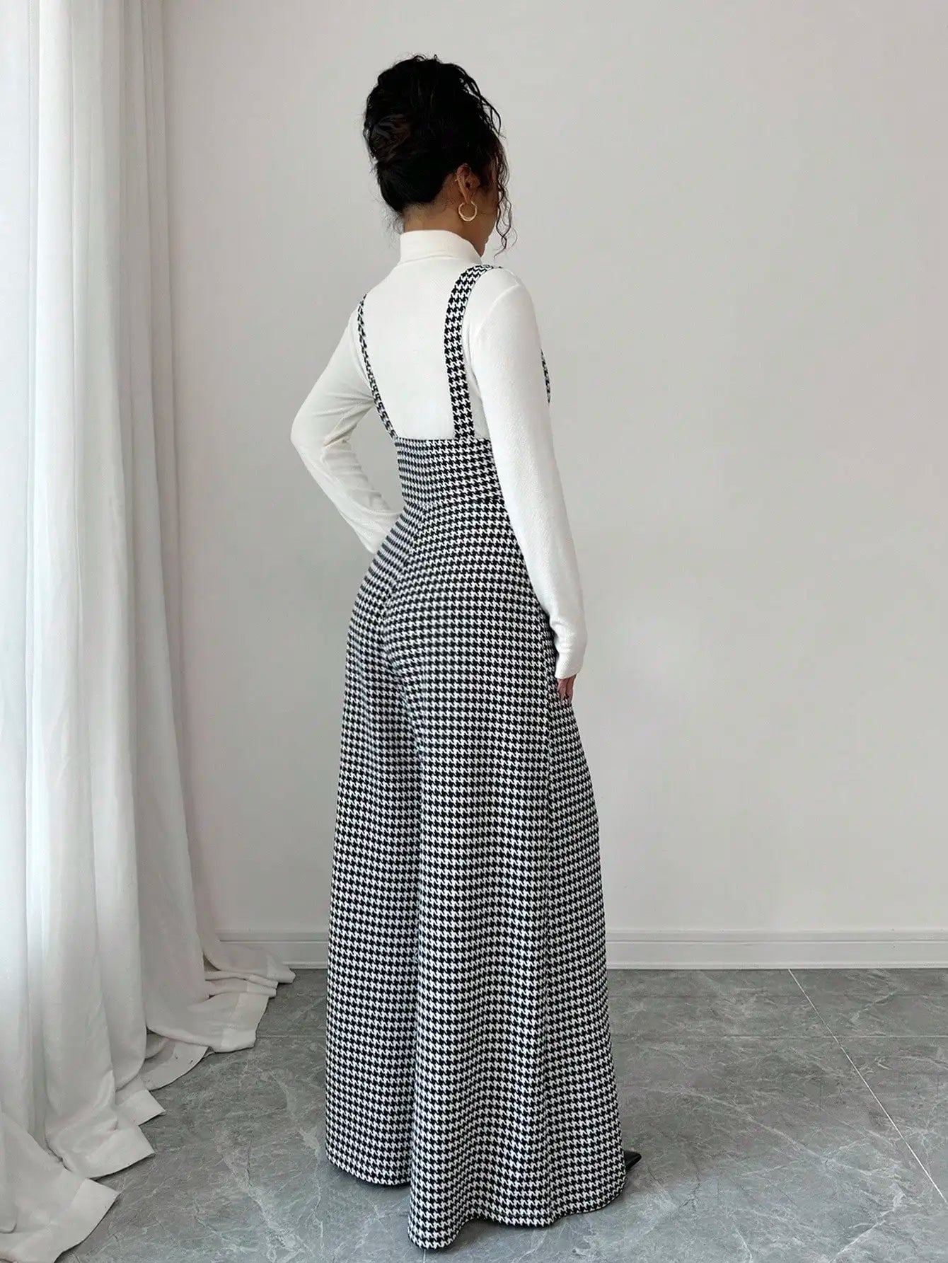 Overalls for Women's Winter Jumpsuit Black White Vintage Wide Leg Suspender Pants for Office Commute Casual Female Clothing
